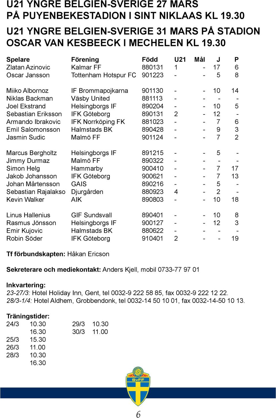 United 881113 - - - - Joel Ekstrand Helsingborgs IF 890204 - - 10 5 Sebastian Eriksson IFK Göteborg 890131 2-12 - Armando Ibrakovic IFK Norrköping FK 881023 - - 7 6 Emil Salomonsson Halmstads BK