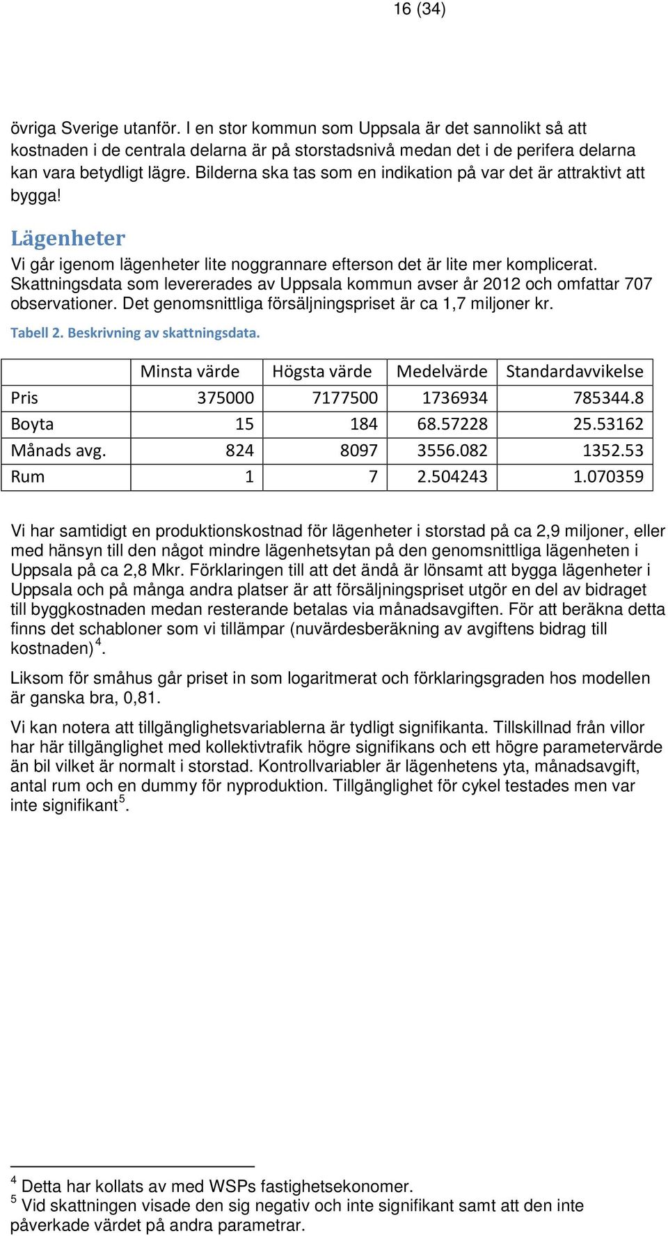 Skattningsdata som levererades av Uppsala kommun avser år 2012 och omfattar 707 observationer. Det genomsnittliga försäljningspriset är ca 1,7 miljoner kr. Tabell 2. Beskrivning av skattningsdata.