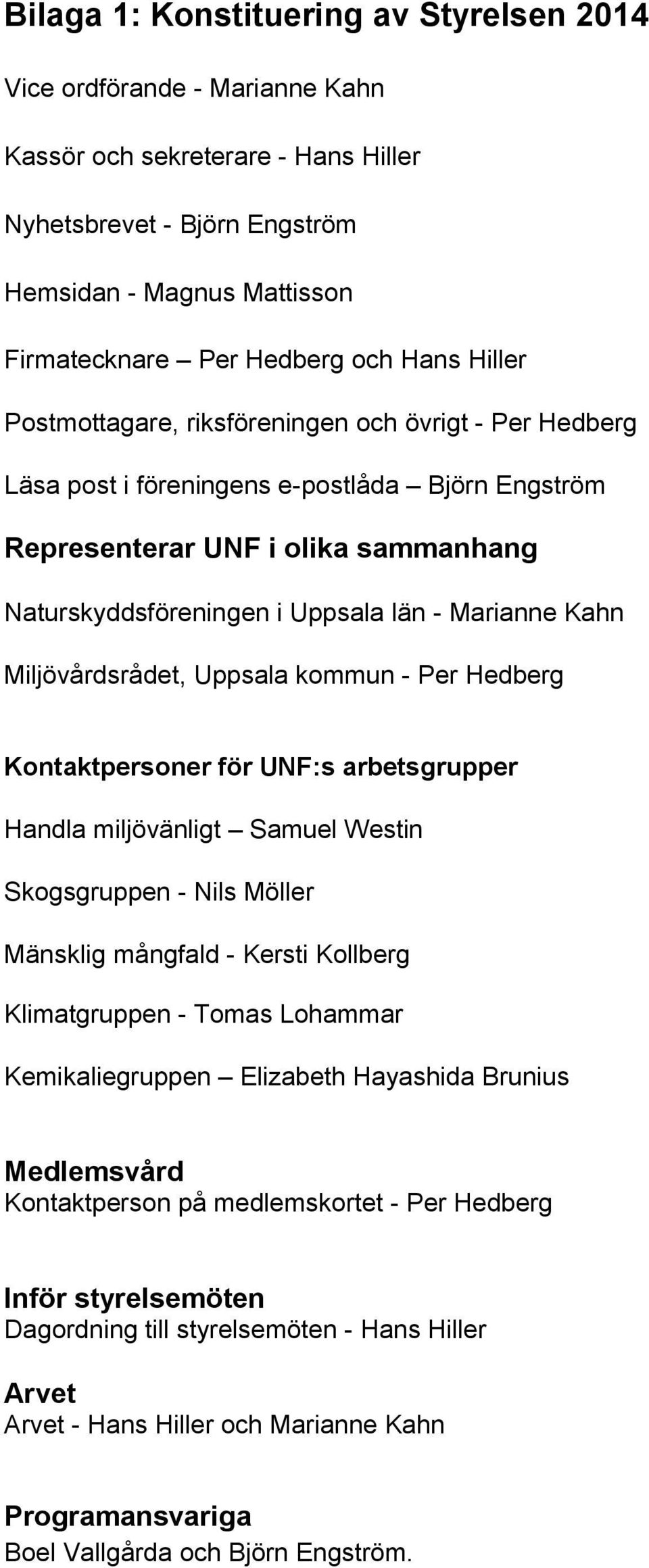 Marianne Kahn Miljövårdsrådet, Uppsala kommun - Per Hedberg Kontaktpersoner för UNF:s arbetsgrupper Handla miljövänligt Samuel Westin Skogsgruppen - Nils Möller Mänsklig mångfald - Kersti Kollberg