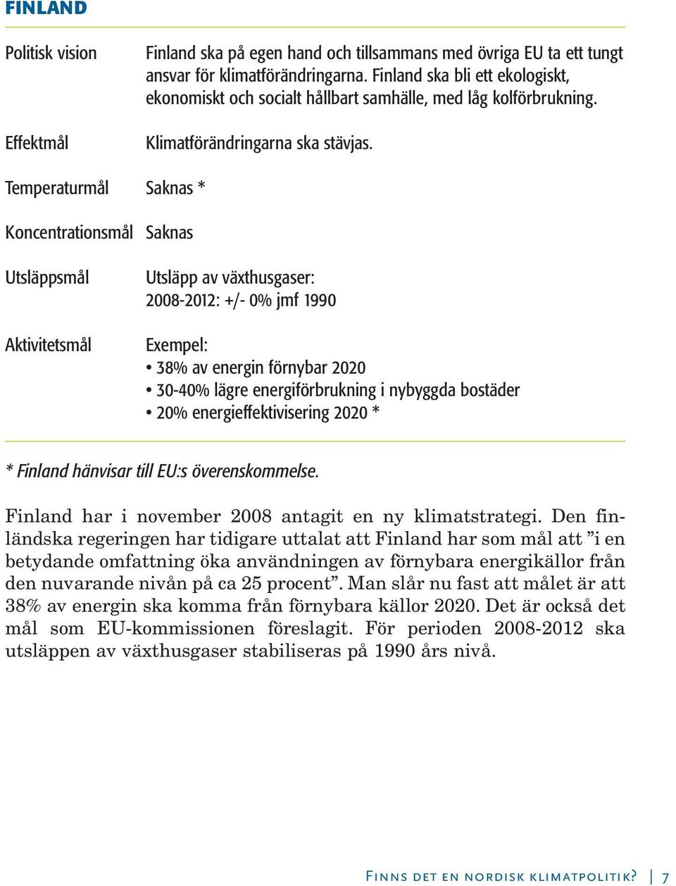 Temperaturmål Saknas * Koncentrationsmål Saknas Utsläppsmål Aktivitetsmål Utsläpp av växthusgaser: 2008-2012: +/- 0% jmf 1990 Exempel: 38% av energin förnybar 2020 30-40% lägre energiförbrukning i