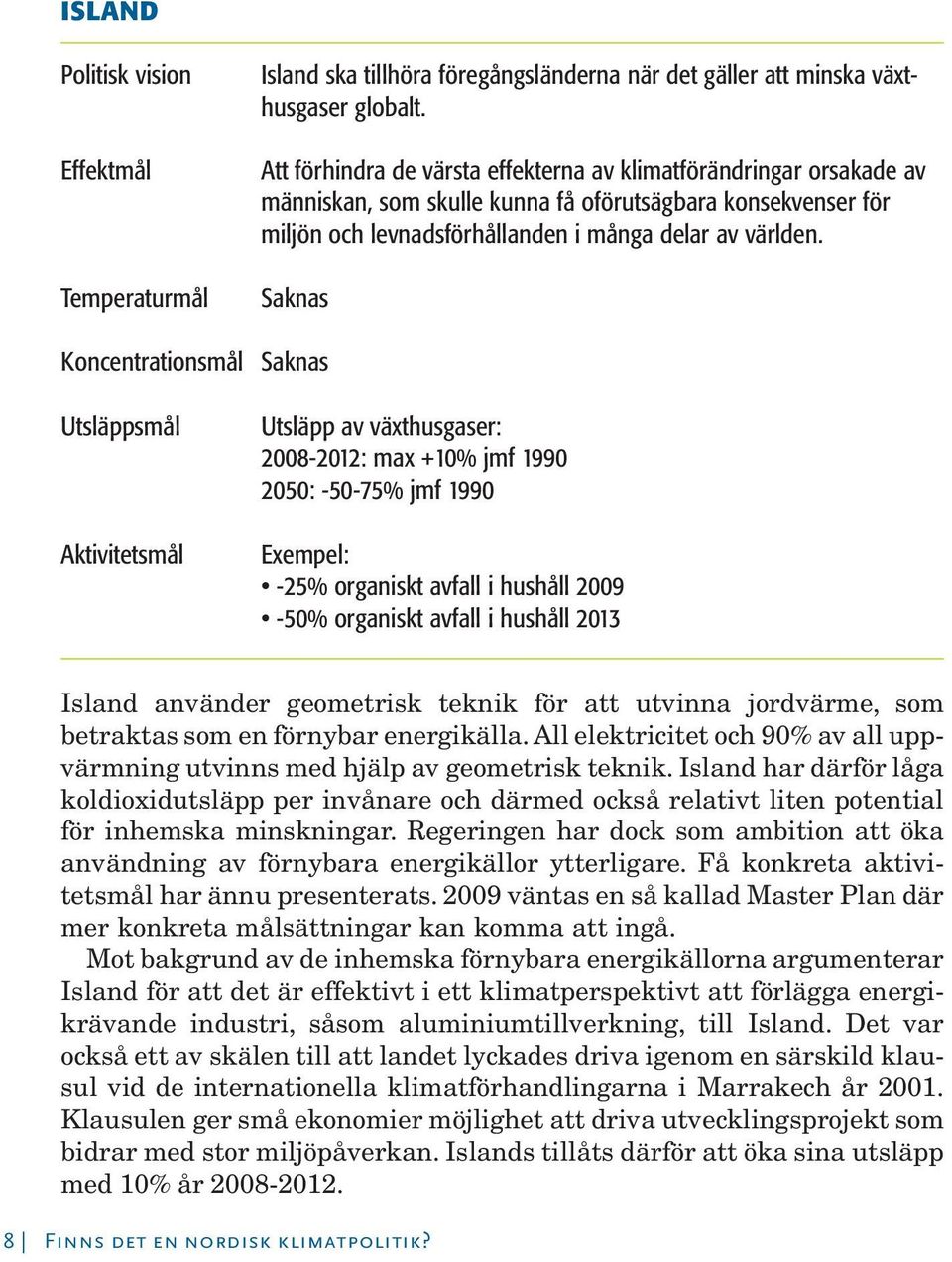 Saknas Koncentrationsmål Saknas Utsläppsmål Aktivitetsmål Utsläpp av växthusgaser: 2008-2012: max +10% jmf 1990 2050: -50-75% jmf 1990 Exempel: -25% organiskt avfall i hushåll 2009-50% organiskt