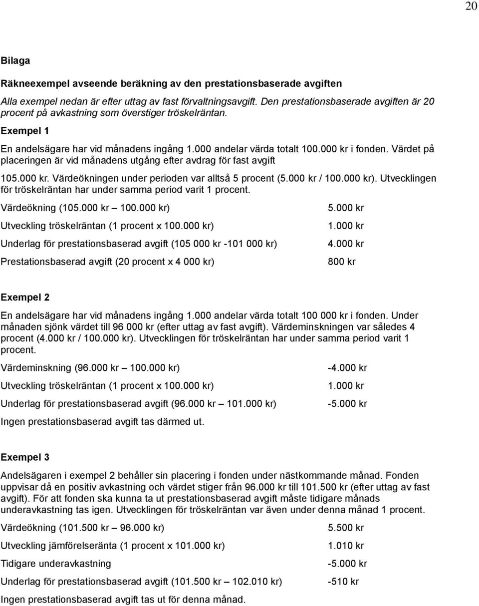 Värdet på placeringen är vid månadens utgång efter avdrag för fast avgift 105.000 kr. Värdeökningen under perioden var alltså 5 procent (5.000 kr / 100.000 kr).