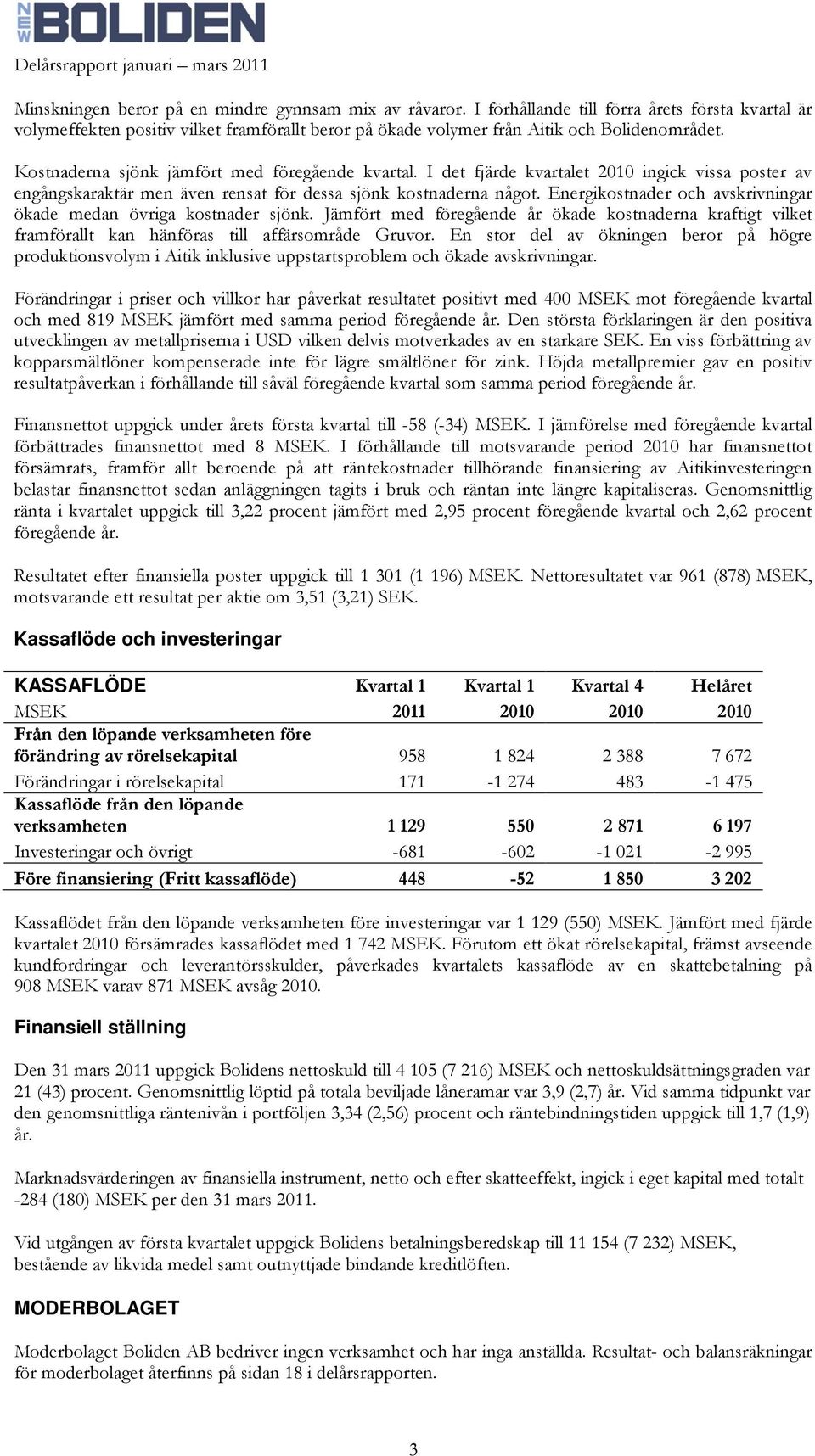 Energikostnader och avskrivningar ökade medan övriga kostnader sjönk. Jämfört med föregående år ökade kostnaderna kraftigt vilket framförallt kan hänföras till affärsområde Gruvor.