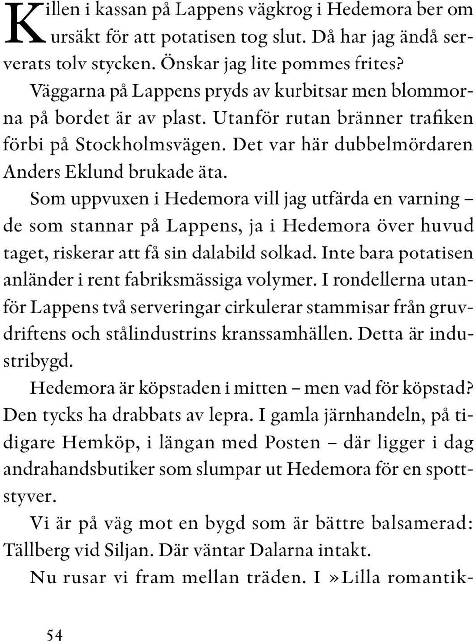 Som uppvuxen i Hedemora vill jag utfärda en varning de som stannar på Lappens, ja i Hedemora över huvud taget, riskerar att få sin dalabild solkad.