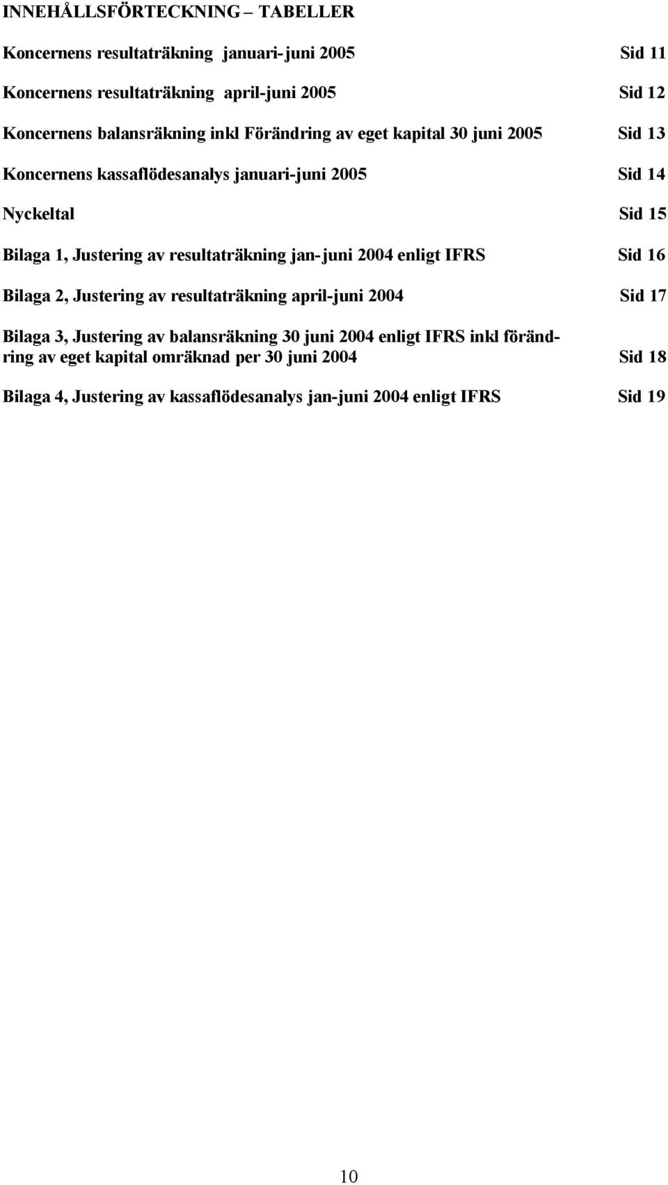 1, Justering av resultaträkning i enligt IFRS Sid 16 Bilaga 2, Justering av resultaträkning april-juni Sid 17 Bilaga 3, Justering av