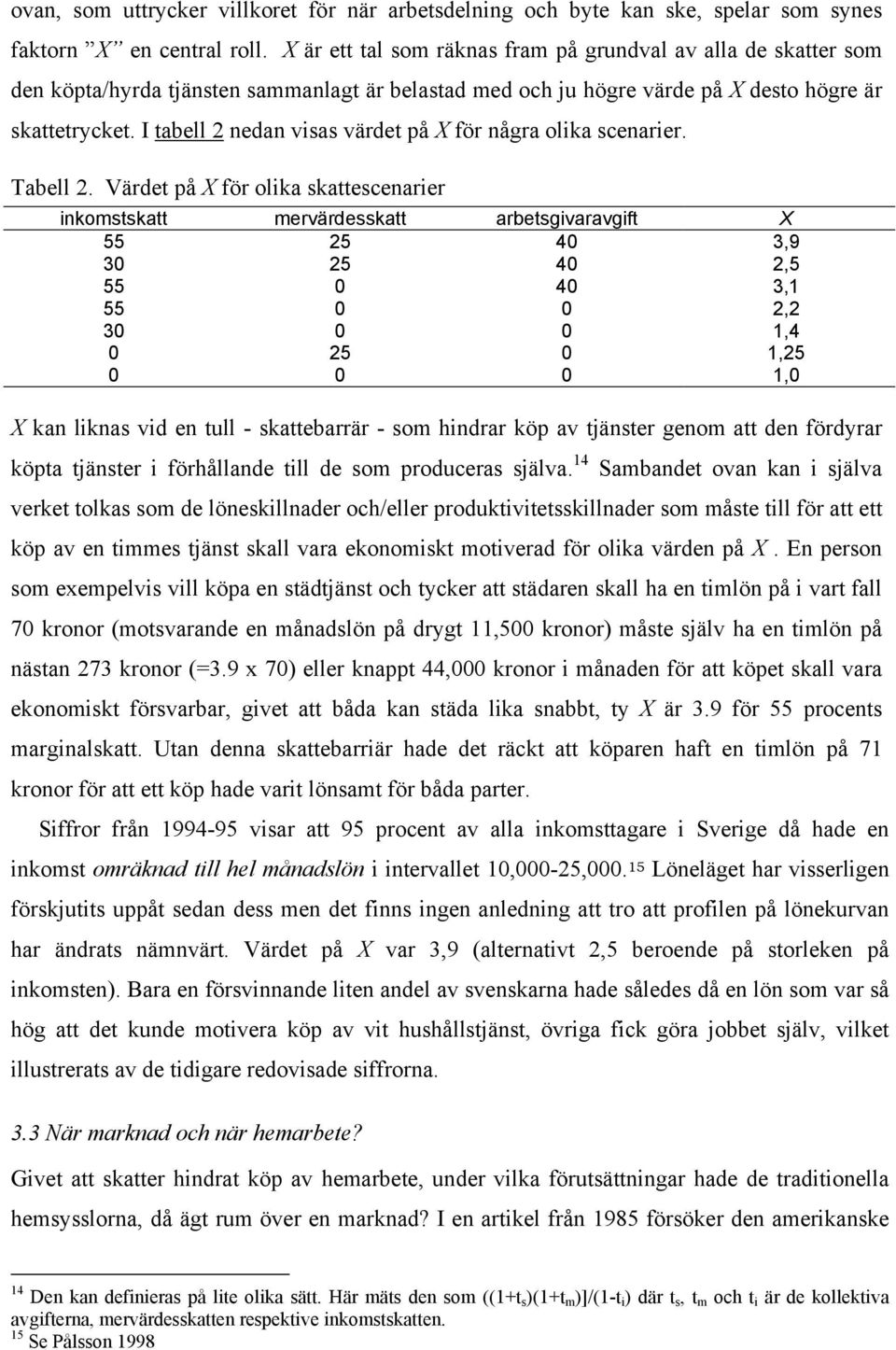 I tabell 2 nedan visas värdet på X för några olika scenarier. Tabell 2.