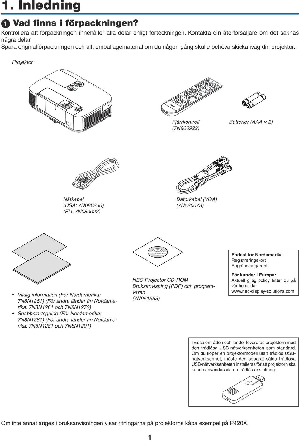 Projektor Fjärrkontroll (7N900922) Batterier (AAA 2) Nätkabel (USA: 7N080236) (EU: 7N080022) Datorkabel (VGA) (7N520073) Viktig information (För Nordamerika: 7N8N1261) (För andra länder än