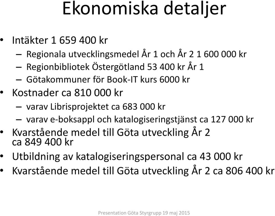683 000 kr varav e-boksappl och katalogiseringstjänst ca 127 000 kr Kvarstående medel till Göta utveckling År 2 ca