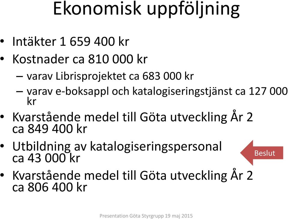 kr Kvarstående medel till Göta utveckling År 2 ca 849 400 kr Utbildning av