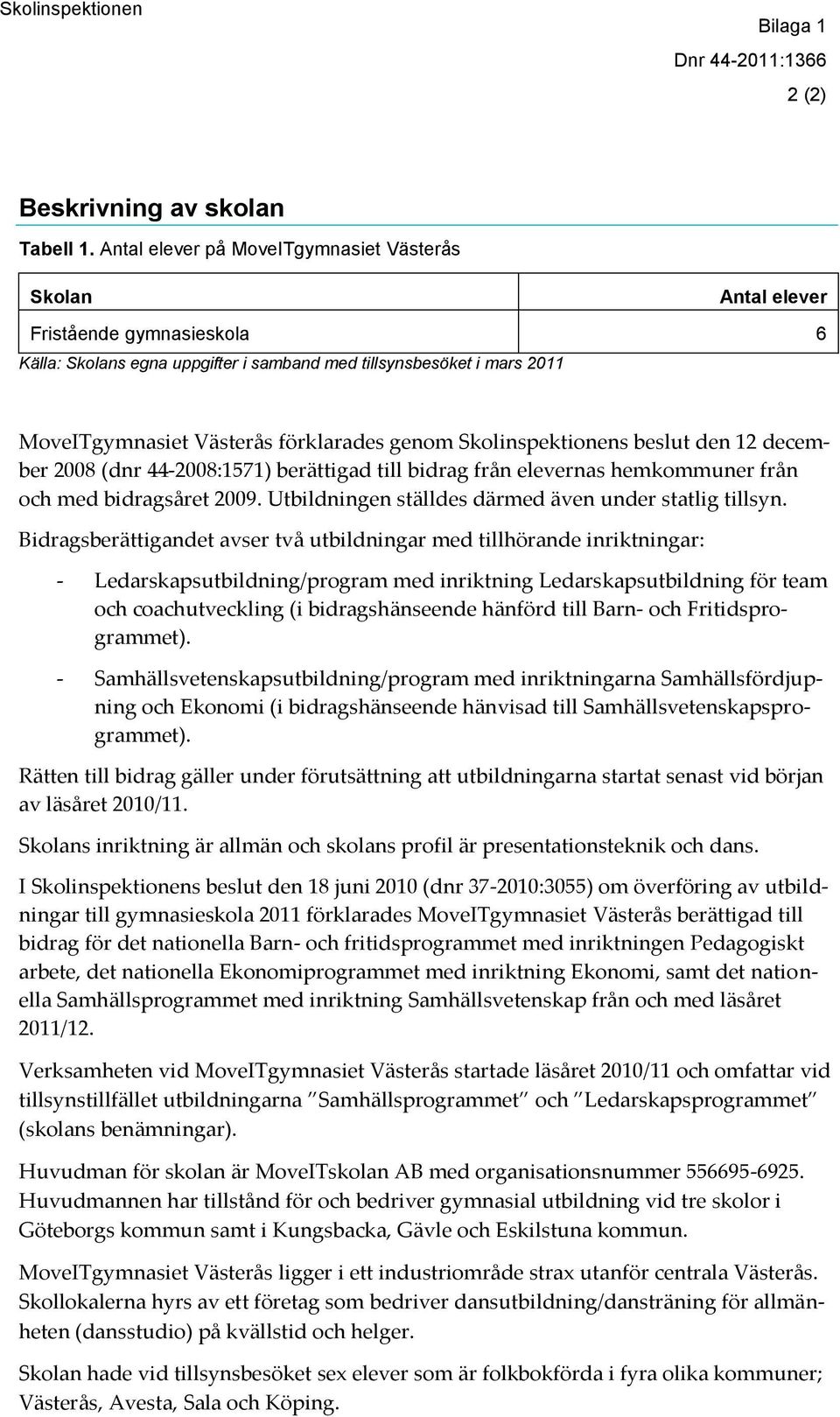 genom Skolinspektionens beslut den 12 december 2008 (dnr 44-2008:1571) berättigad till bidrag från elevernas hemkommuner från och med bidragsåret 2009.