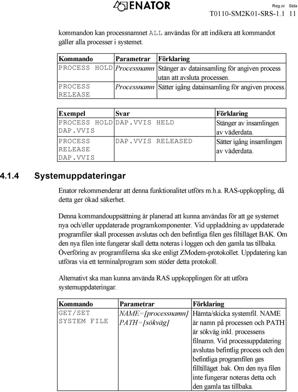 RELEASE Exempel Svar Förklaring PROCESS HOLD DAP.VVIS HELD Stänger av insamlingen DAP.VVIS av väderdata. PROCESS RELEASE DAP.VVIS DAP.VVIS RELEASED Sätter igång insamlingen av väderdata. 4.1.