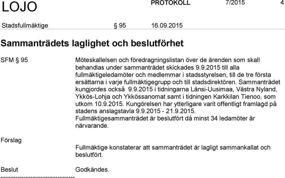 Möteskallelsen och föredragningslistan över de ärenden som skall behandlas under sammanträdet skickades 9.