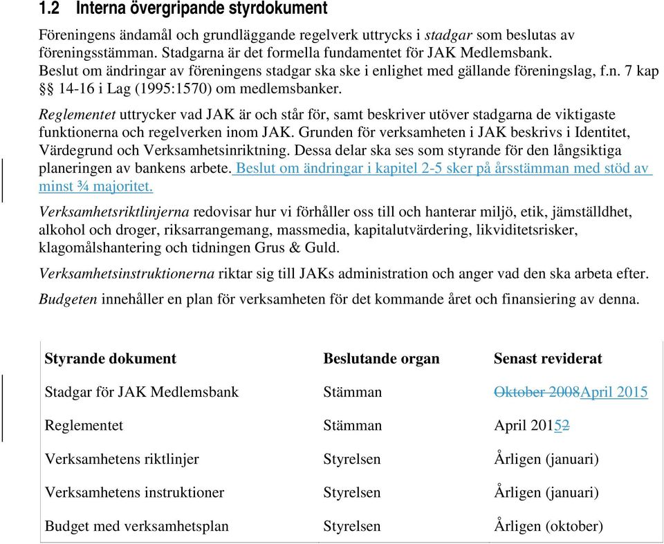 Reglementet uttrycker vad JAK är och står för, samt beskriver utöver stadgarna de viktigaste funktionerna och regelverken inom JAK.