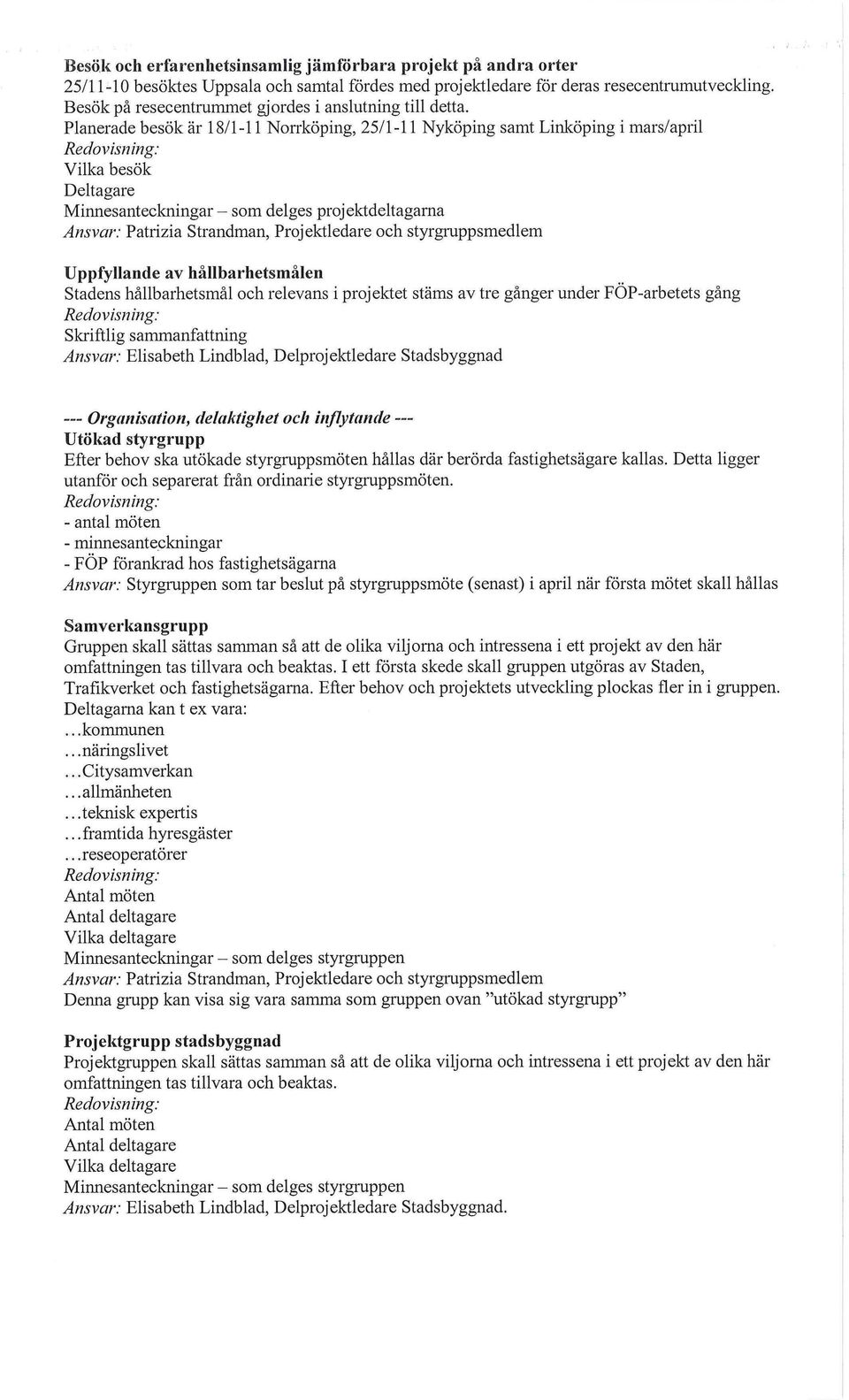 Planerade besök är 18/1-11 Norrköping, 25/1-11 Nyköping samt Linköping i mars/april Vilka besök Deltagare Minnesanteckningar - som delges projektdeltagarna Ansvar: Patrizia Strandman, Projektledare