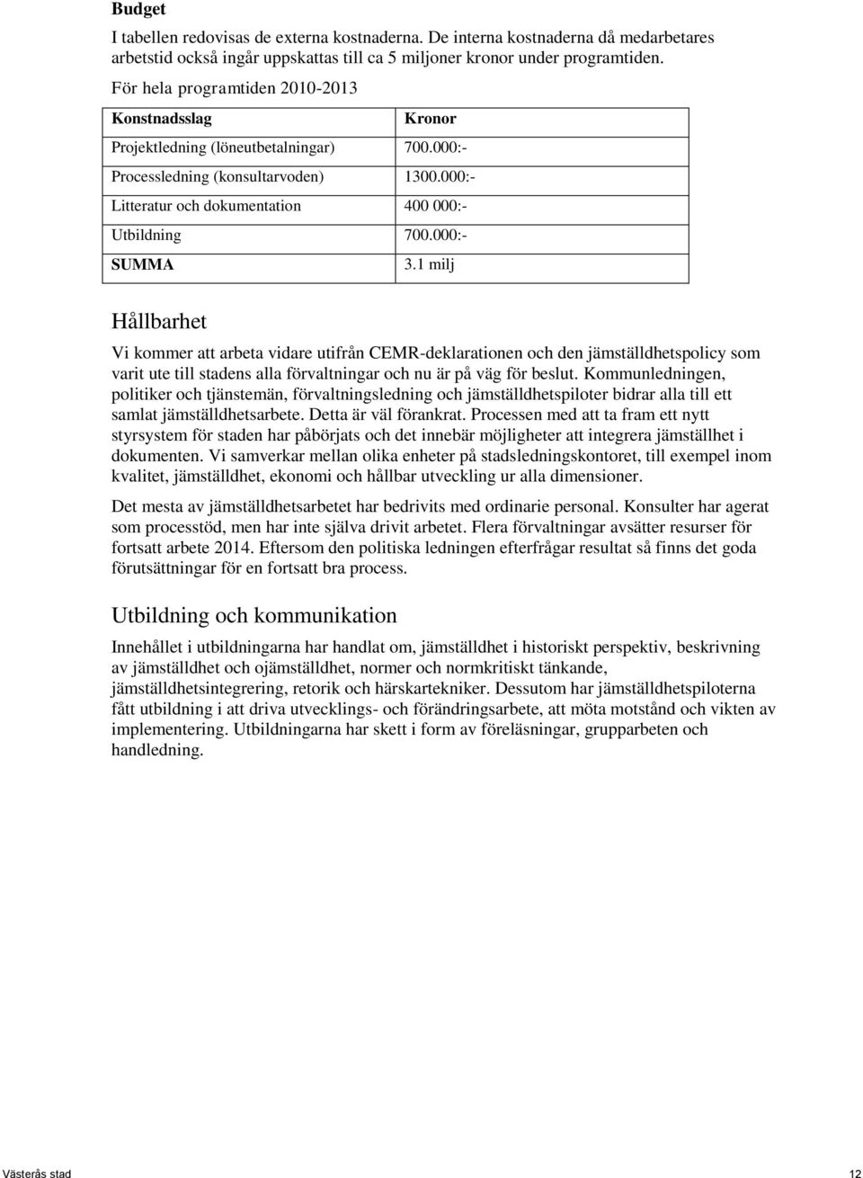 000:- SUMMA 3.1 milj Hållbarhet Vi kommer att arbeta vidare utifrån CEMR-deklarationen och den jämställdhetspolicy som varit ute till stadens alla förvaltningar och nu är på väg för beslut.