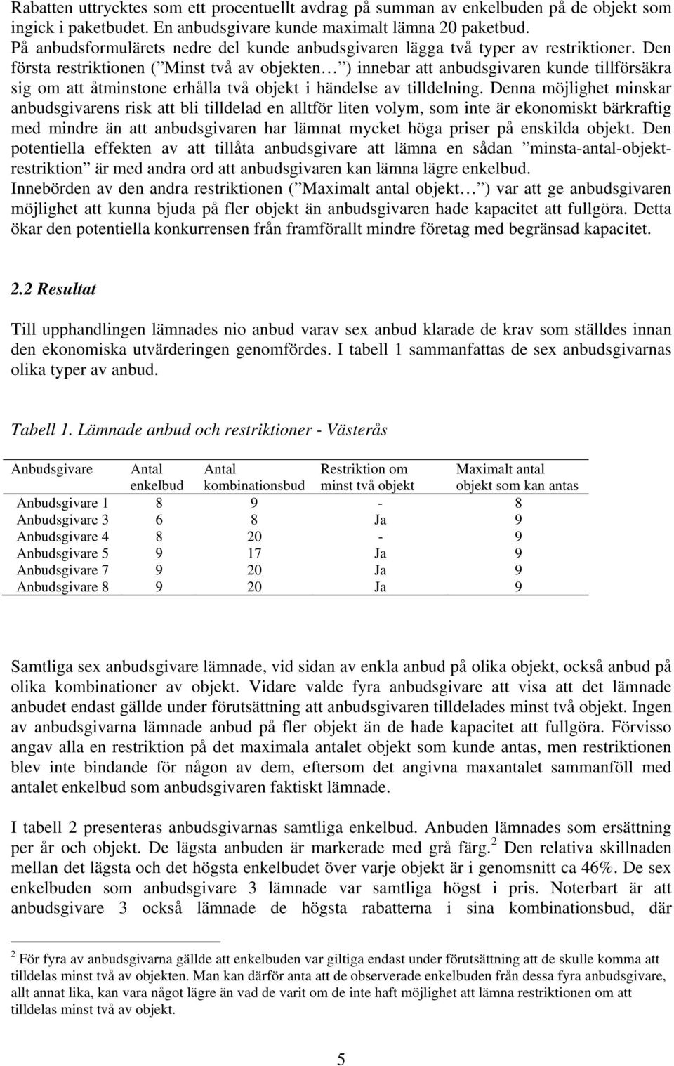 Den första restriktionen ( Minst två av objekten ) innebar att anbudsgivaren kunde tillförsäkra sig om att åtminstone erhålla två objekt i händelse av tilldelning.