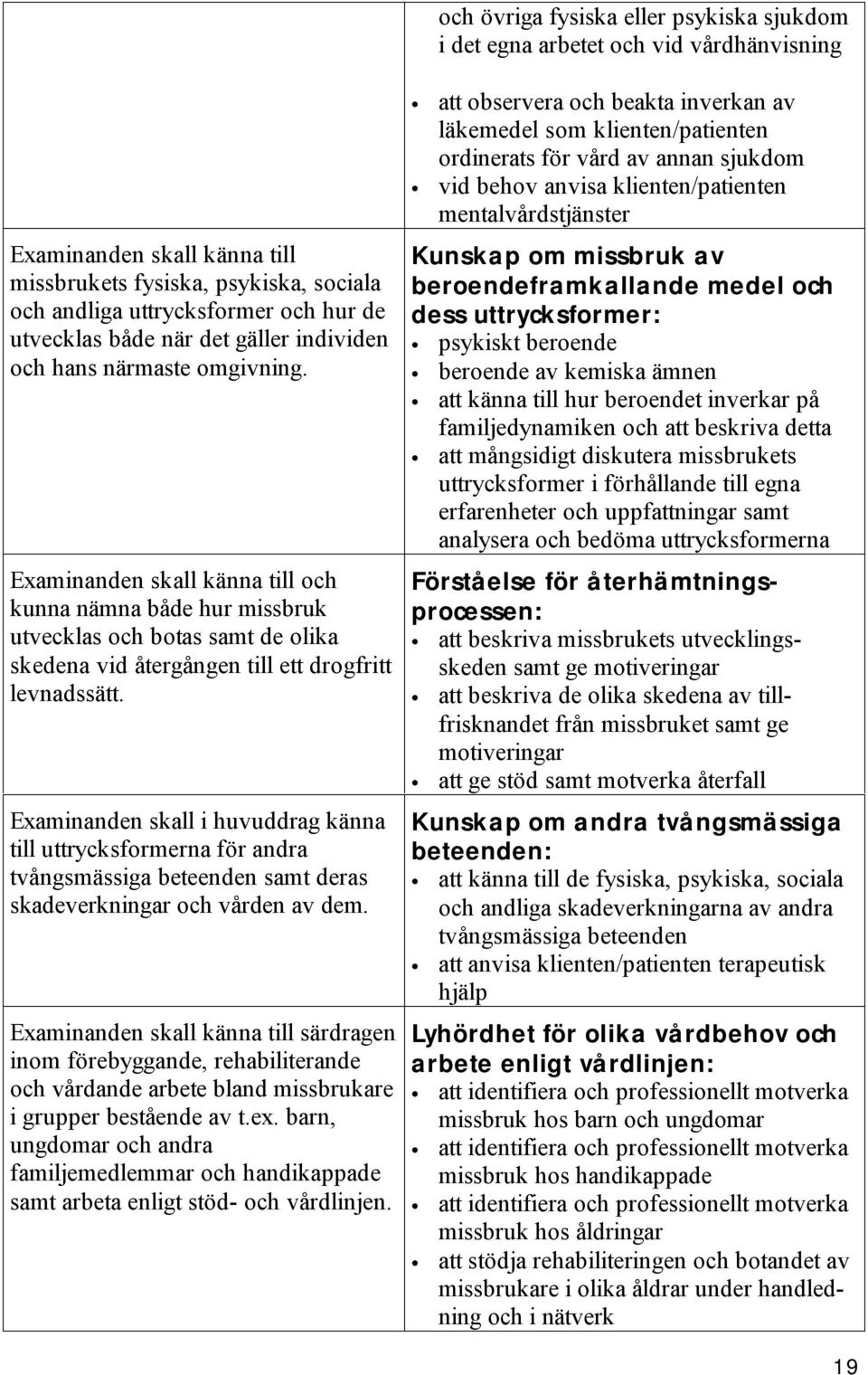 Examinanden skall känna till och kunna nämna både hur missbruk utvecklas och botas samt de olika skedena vid återgången till ett drogfritt levnadssätt.