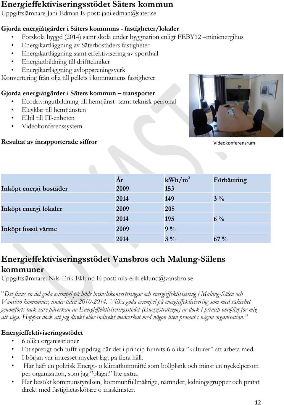 Energikartläggning samt effektivisering av sporthall Energiutbildning till drifttekniker Energikartläggning avloppsreningsverk Konvertering från olja till pellets i kommunens fastigheter Gjorda