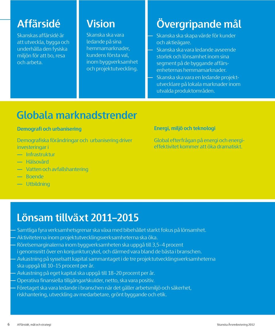 Skanska ska vara ledande avseende storlek och lönsamhet inom sina segment på de byggande affärsenheternas hemmamarknader.