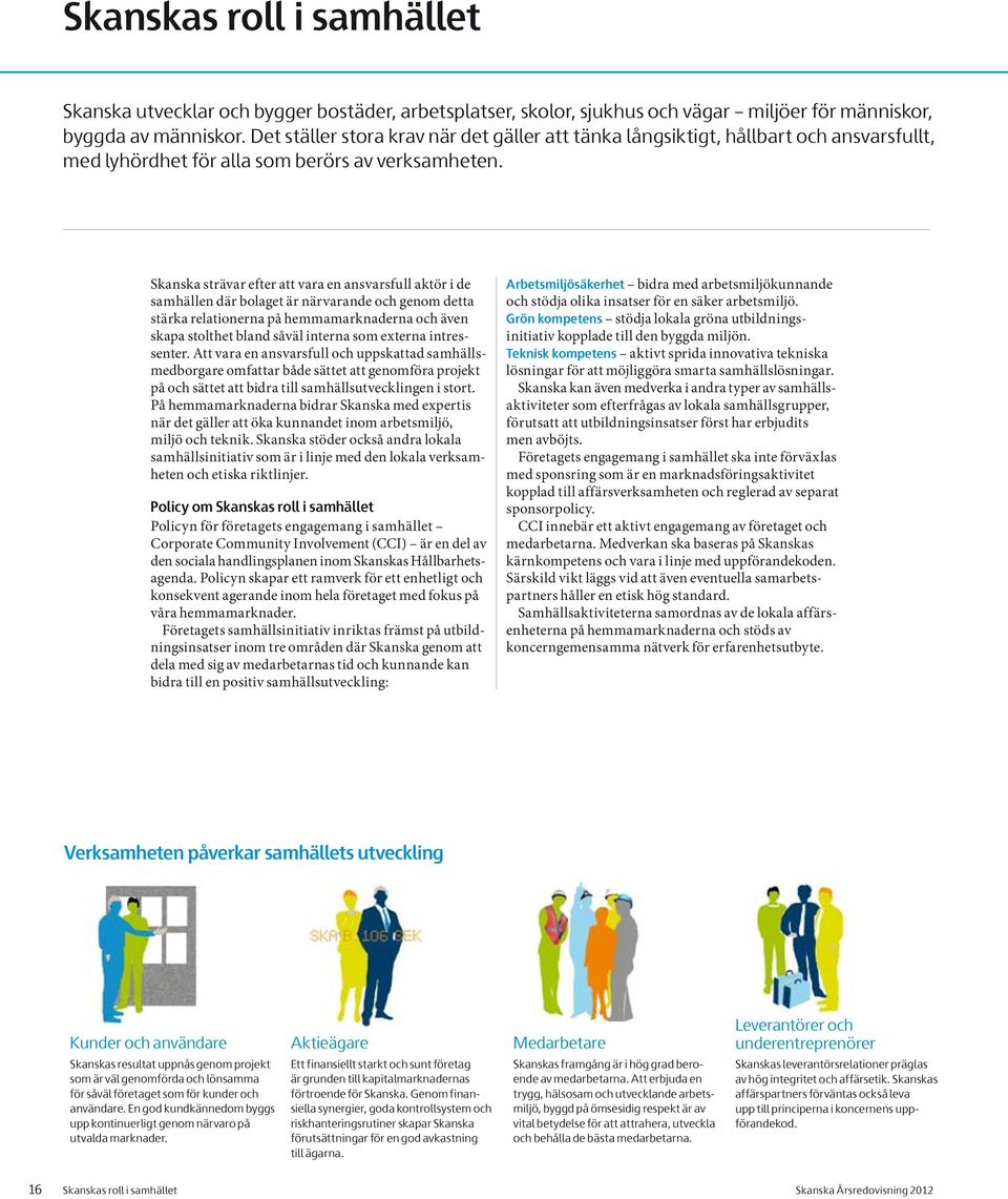 Skanska strävar efter att vara en ansvarsfull aktör i de samhällen där bolaget är närvarande och genom detta stärka relationerna på hemmamarknaderna och även skapa stolthet bland såväl interna som