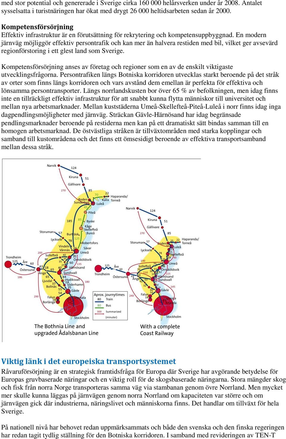 En modern järnväg möjliggör effektiv persontrafik och kan mer än halvera restiden med bil, vilket ger avsevärd regionförstoring i ett glest land som Sverige.