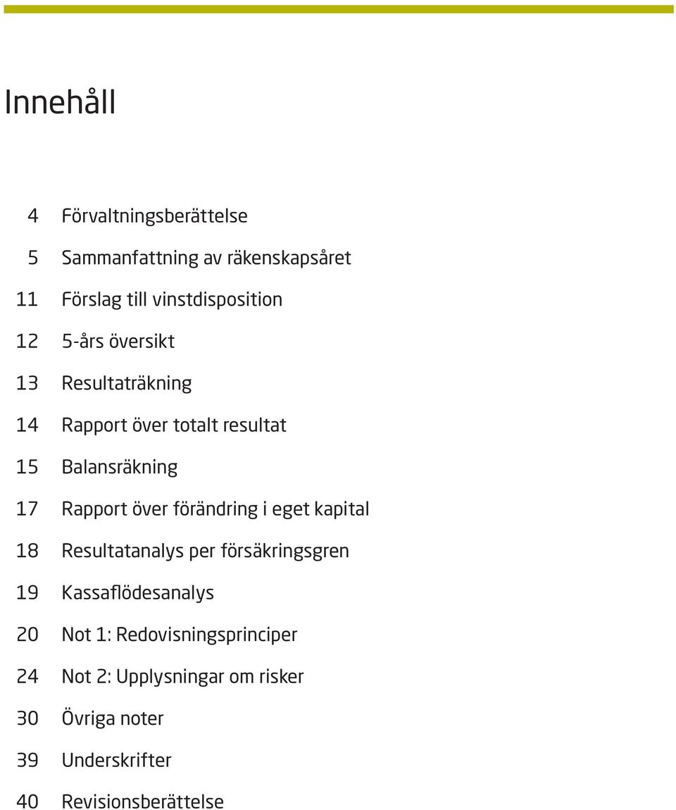 förändring i eget kapital 18 Resultatanalys per försäkringsgren 19 Kassaflödesanalys 20 Not 1: