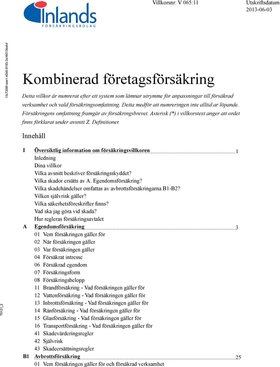 Asterisk (*) i villkorstext anger att ordet finns förklarat under avsnitt Z. Definitioner. Innehåll _2 I A B1 Översiktlig.