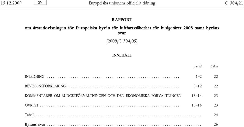 304/05) INNEHÅLL Punkt Sidan INLEDNING.............................................................. 1 2 22 REVISIONSFÖRKLARING.