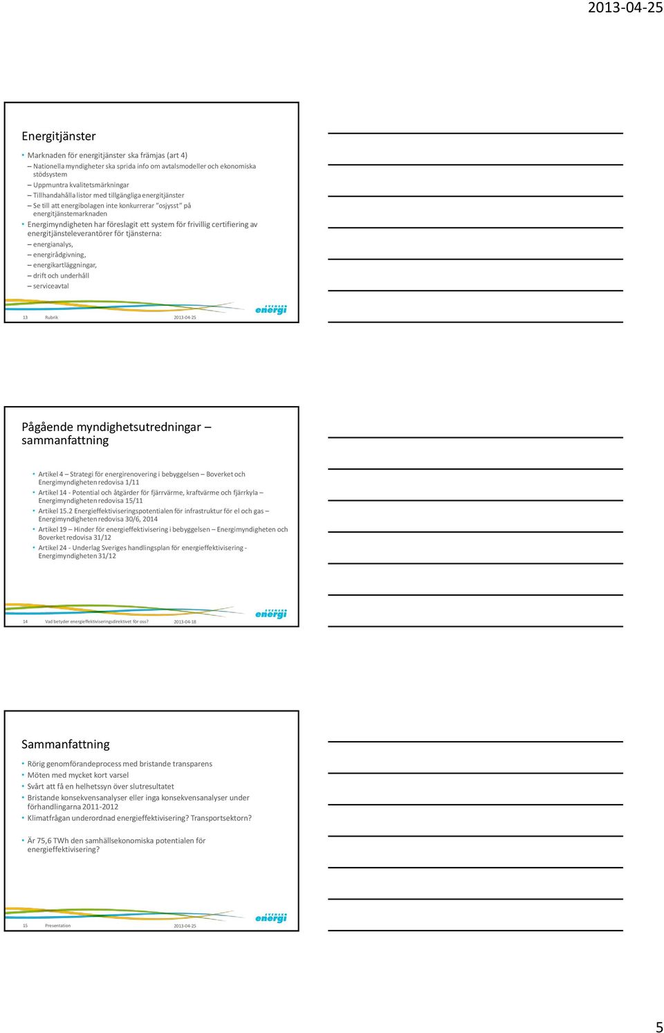 energitjänsteleverantörer för tjänsterna: energianalys, energirådgivning, energikartläggningar, drift och underhåll serviceavtal 13 Pågående myndighetsutredningar sammanfattning Artikel 4 Strategi