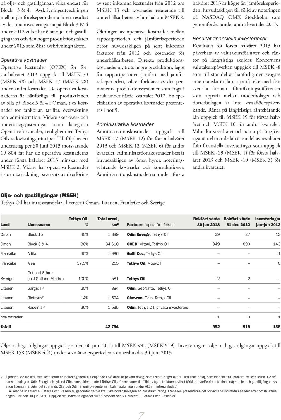 under 2013 som ökar avskrivningstakten. Operativa kostnader Operativa kostnader (OPEX) för första halvåret 2013 uppgick till MSEK 73 (MSEK 48) och MSEK 17 (MSEK 28) under andra kvartalet.