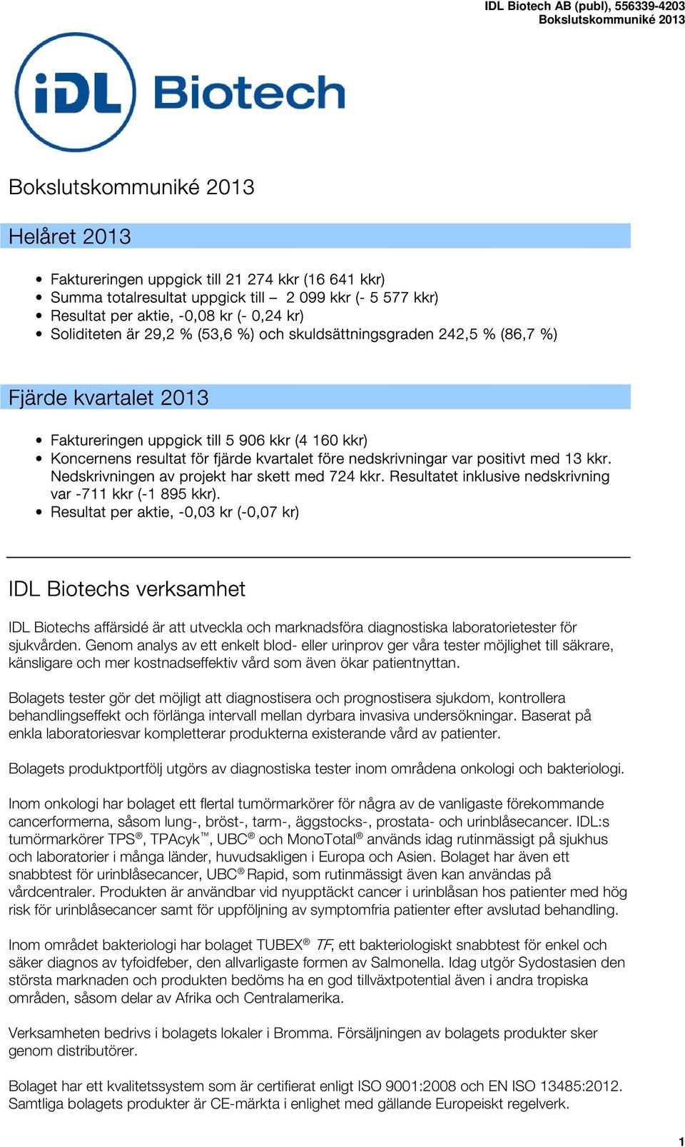 Nedskrivningen av projekt har skett med 724 kkr. Resultatet inklusive nedskrivning var -711 kkr (-1 895 kkr).