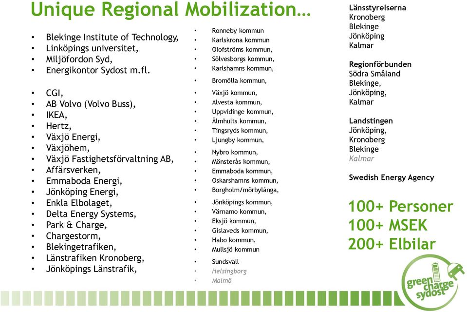 Chargestorm, Blekingetrafiken, Länstrafiken Kronoberg, Jönköpings Länstrafik, Ronneby kommun Karlskrona kommun Olofströms kommun, Sölvesborgs kommun, Karlshamns kommun, Bromölla kommun, Växjö kommun,