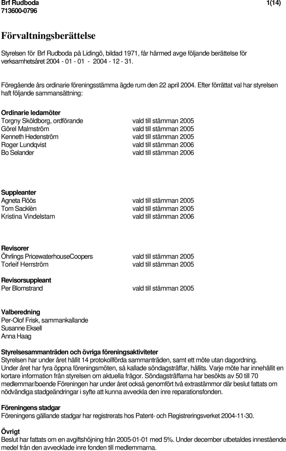 Efter förrättat val har styrelsen haft följande sammansättning: Ordinarie ledamöter Torgny Sköldborg, ordförande vald till stämman 2005 Görel Malmström vald till stämman 2005 Kenneth Hedenström vald