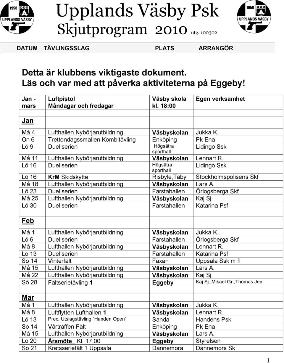 On 6 Trettondagssmällen Kombitävling Enköping Pk Ena Lö 9 Duellserien Högsätra sporthall Lidingö Ssk Må 11 Lufthallen Nybörjarutbildning Väsbyskolan Lennart R.