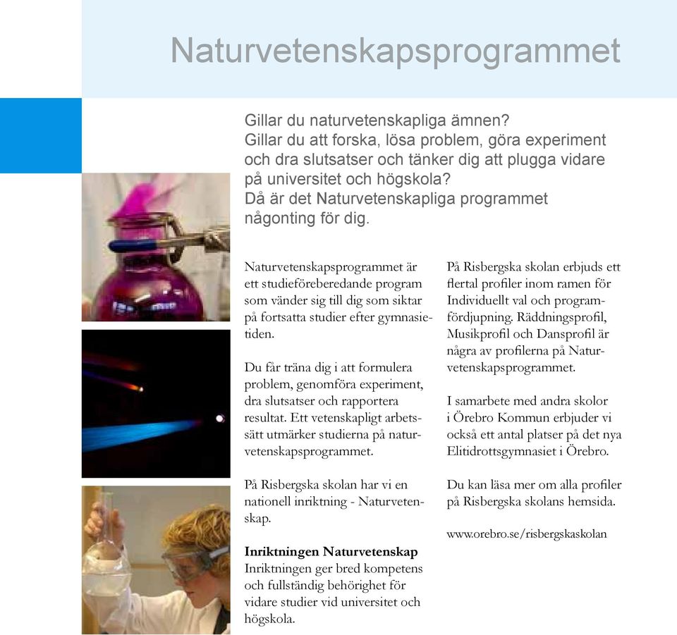 Du får träna dig i att formulera problem, genomföra experiment, dra slutsatser och rapportera resultat. Ett vetenskapligt arbetssätt utmärker studierna på naturvetenskapsprogrammet.