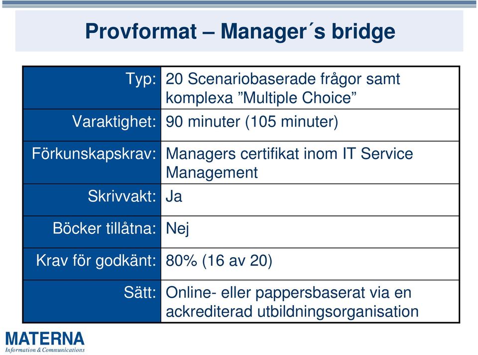 Choice 90 minuter (105 minuter) Managers certifikat inom IT Service Management Ja