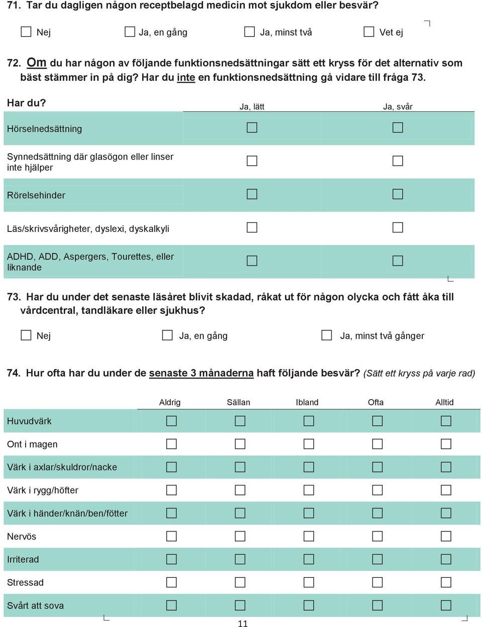 inte en funktionsnedsättning gå vidare till fråga 73. Har du?