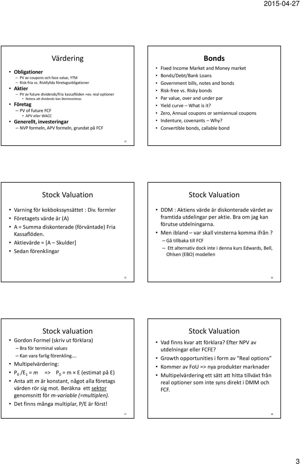 market Bonds/Debt/Bank Loans Government bills, notes and bonds Risk-free vs. Risky bonds Par value, over and under par Yield curve What is it?