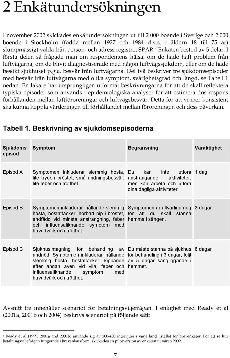 I första delen så frågade man om respondentens hälsa, om de hade haft problem från luftvägarna, om de blivit diagnostiserade med någon luftvägssjukdom, eller om de hade besökt sjukhuset p.g.a. besvär från luftvägarna.