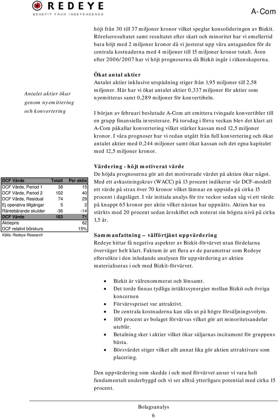 miljoner kronor totalt. Även efter 2006/2007 har vi höjt prognoserna då Bizkit ingår i räkenskaperna.