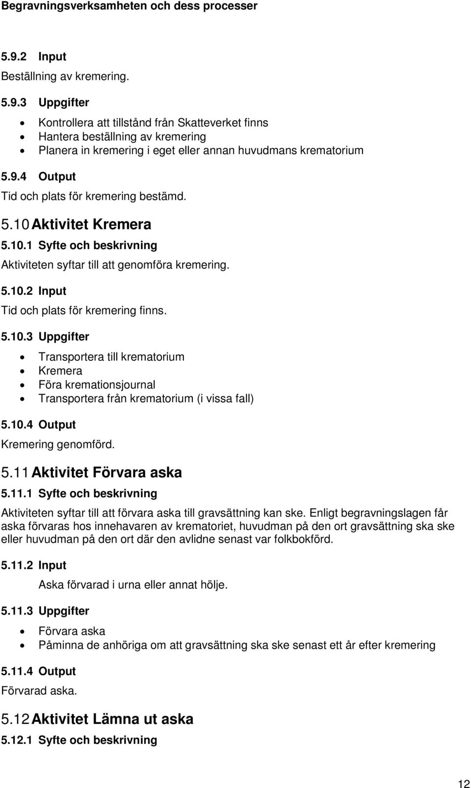 10.4 Output Kremering genomförd. 5.11 Aktivitet Förvara aska 5.11.1 Syfte och beskrivning Aktiviteten syftar till att förvara aska till gravsättning kan ske.