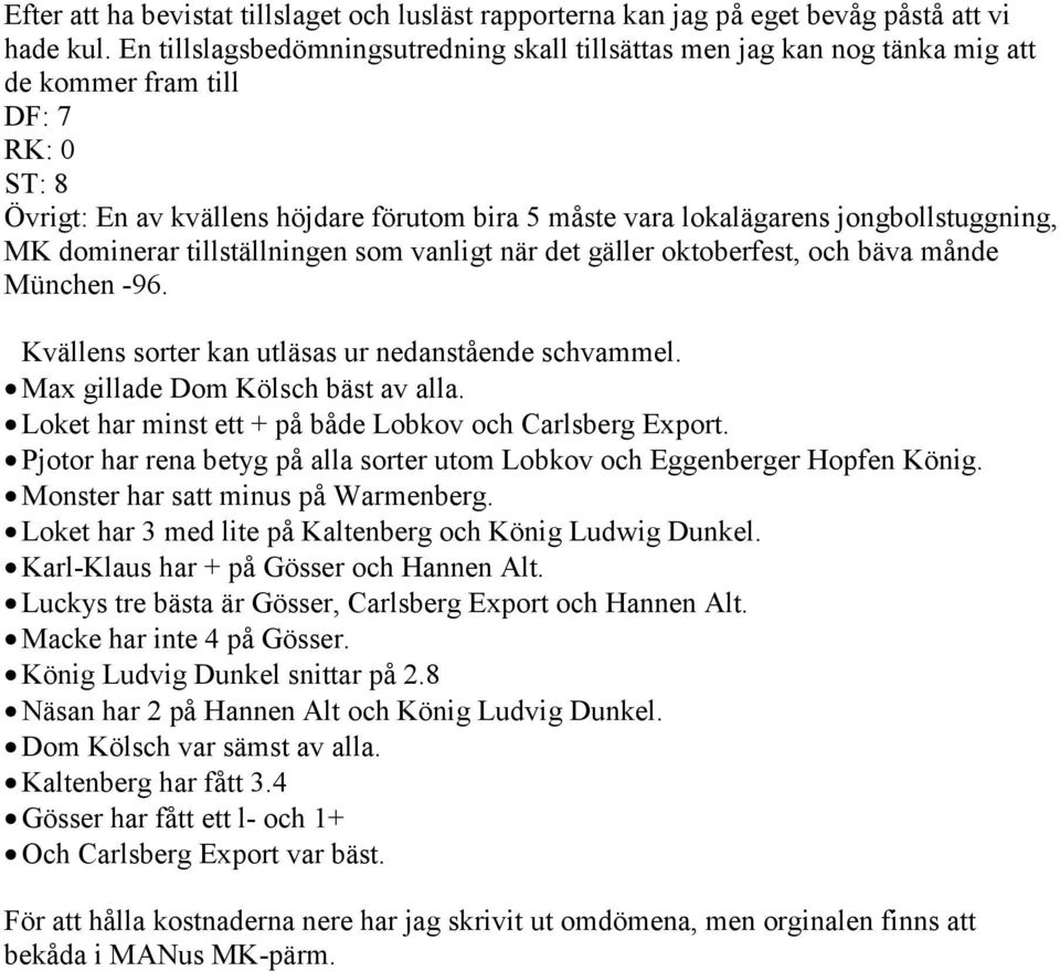 jongbollstuggning, MK dominerar tillställningen som vanligt när det gäller oktoberfest, och bäva månde München -96. Kvällens sorter kan utläsas ur nedanstående schvammel.