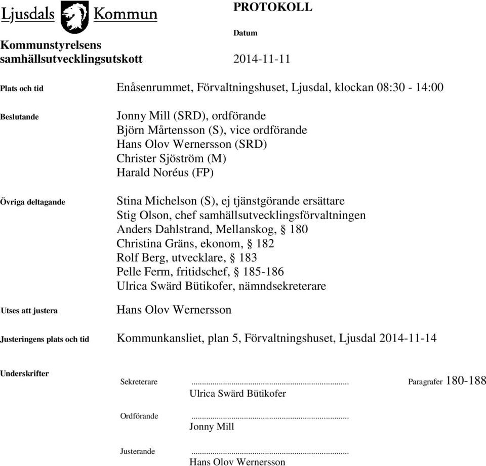 Mellanskog, 180 Christina Gräns, ekonom, 182 Rolf Berg, utvecklare, 183 Pelle Ferm, fritidschef, 185-186 Ulrica Swärd Bütikofer, nämndsekreterare Hans Olov Wernersson Justeringens plats och