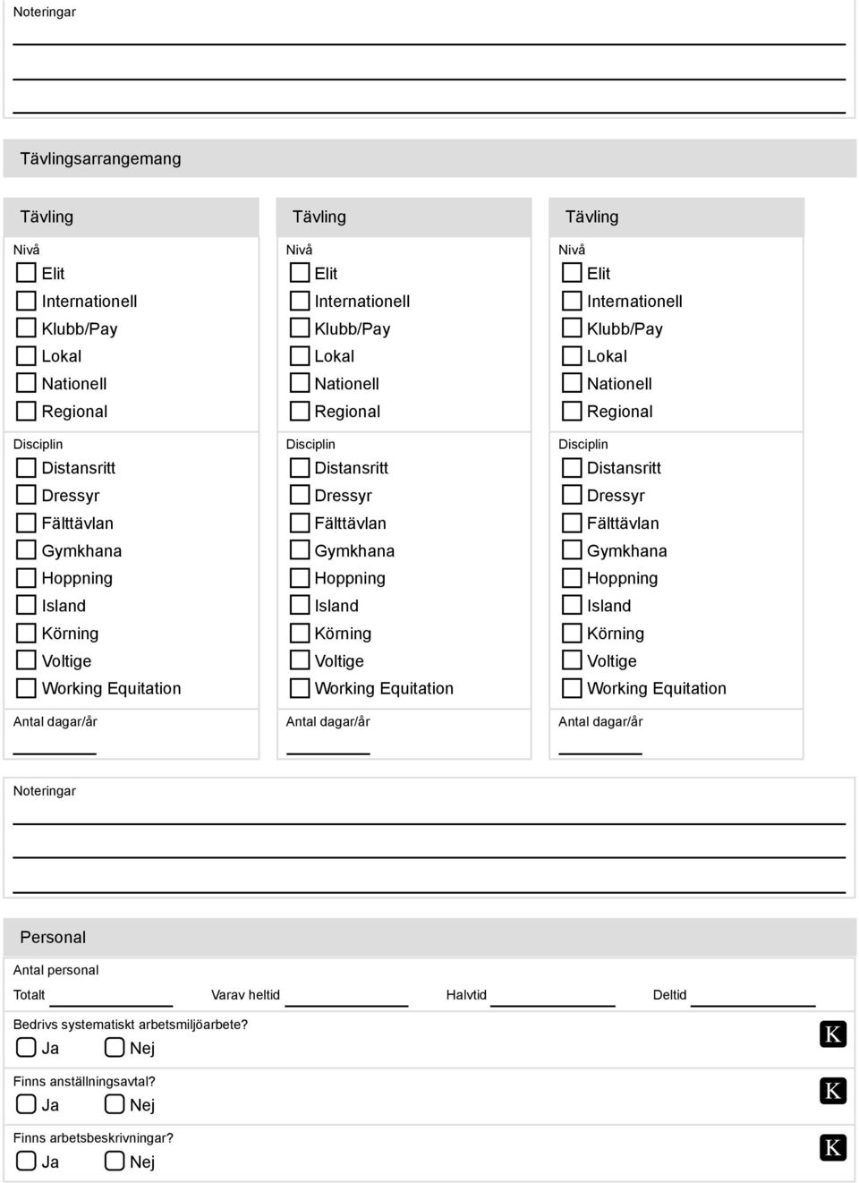 Equitation Antal dagar/år Personal Antal personal Totalt Varav heltid Halvtid Deltid Bedrivs systematiskt arbetsmiljöarbete? Finns anställningsavtal?