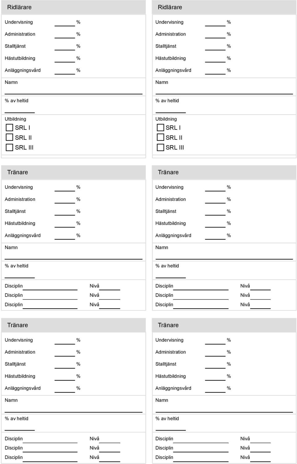 Administration % Administration % Stalltjänst % Stalltjänst % Hästutbildning % Hästutbildning % Anläggningsvård % Anläggningsvård % Namn Namn % av heltid % av heltid Tränare