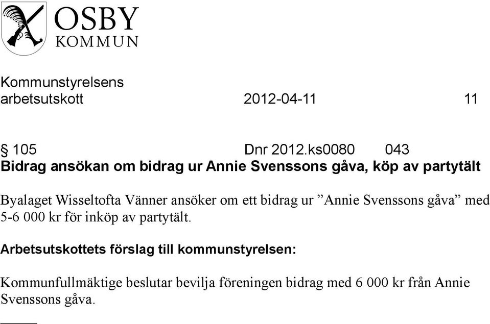 Wisseltofta Vänner ansöker om ett bidrag ur Annie Svenssons gåva med 5-6 000 kr för inköp av