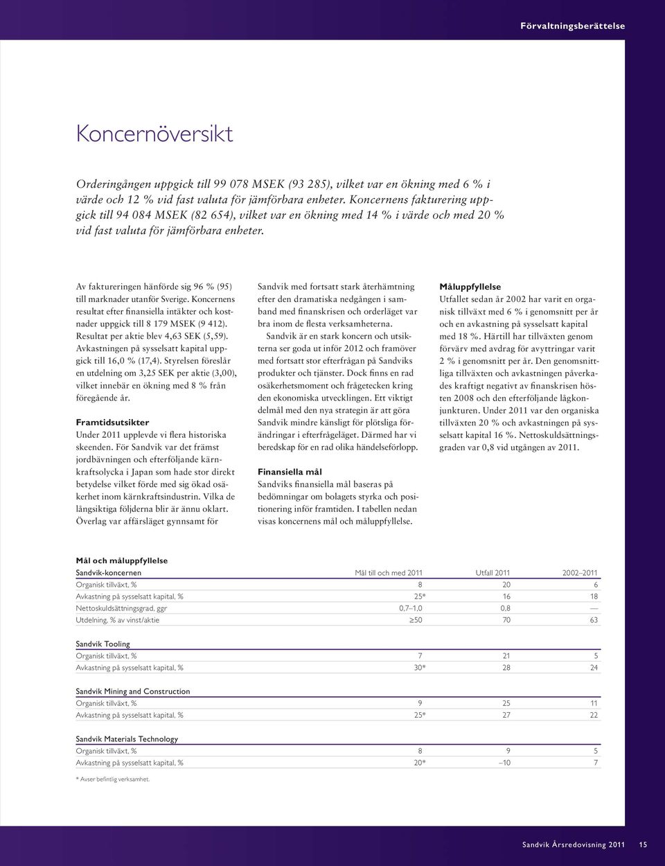 Av faktureringen hänförde sig 96 % (95) till marknader utanför Sverige. Koncernens resultat efter finansiella intäkter och kostnader uppgick till 8 179 MSEK (9 412).