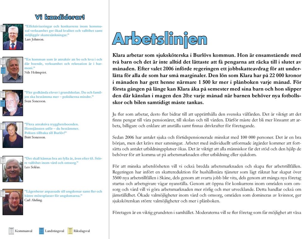 Du och familjen ska bestämma mer politikerna mindre. Sven Sonesson. Flera attraktiva trygghetsboenden. Hemtjänsten utför du bestämmer. Polisen tillbaka till Burlöv! Britt Sonesson.