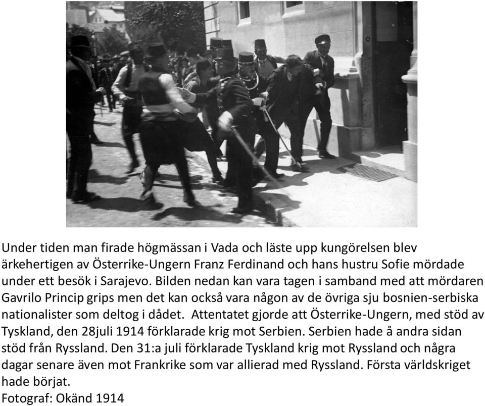 Bilden nedan kan vara tagen i samband med att mördaren Gavrilo Princip grips men det kan också vara någon av de övriga sju bosnien-serbiska nationalister som deltog i