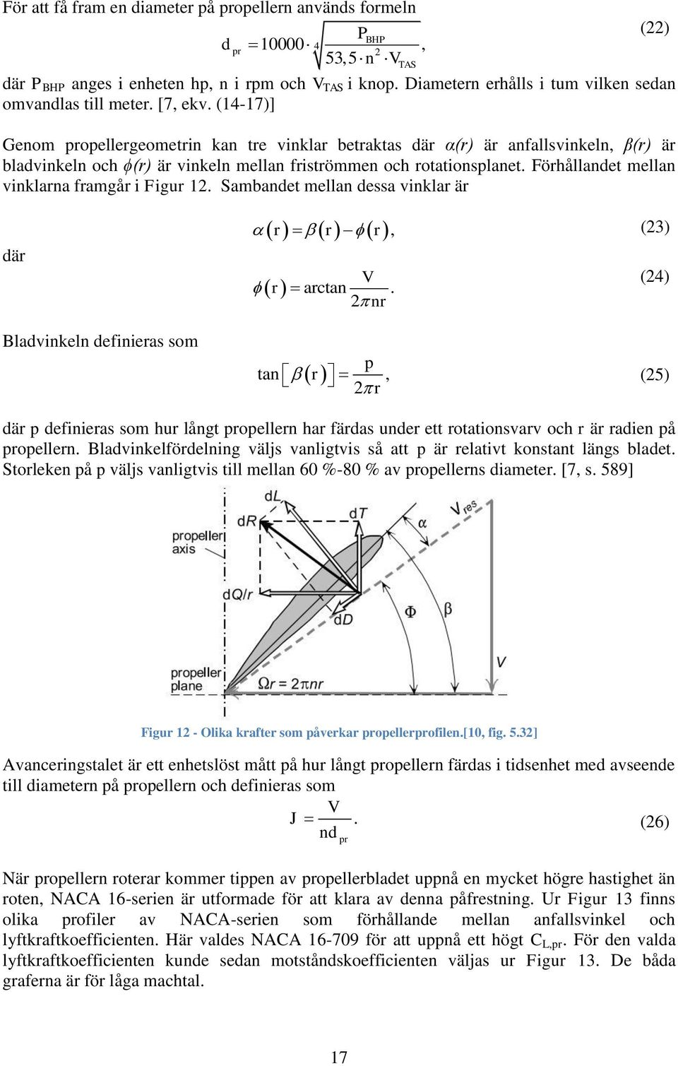 (14-17)] Genom propellergeometrin kan tre vinklar betraktas där α(r) är anfallsvinkeln, β(r) är bladvinkeln och ϕ(r) är vinkeln mellan friströmmen och rotationsplanet.